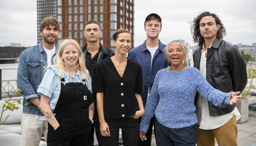 'Toppen af poppen' holder 2021: Malte Ebert, Simon Kvamm, Hjalmer, Alex Vargas, Katinka, Mathilde Falch og Maria Bramsen.