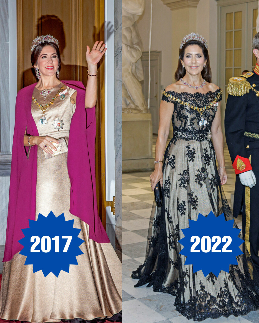 Guldkjolen i silke og hør, som Jesper Høvring syede hende til nytårstaflet i 2017, dukkede op igen ved dronning Margrethes 50-års regeringsjubilæum på Christiansborg sidste år. Ved at tage en sort perleblonde over kjolen, fik Mary det til at ligne en ny kreation.