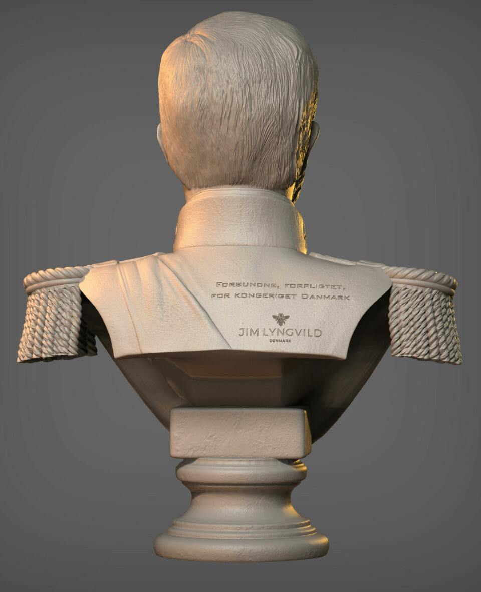 Jim Lyngvilds buste af kong Frederik, hvor kongens valgsprog pryder bagsiden.