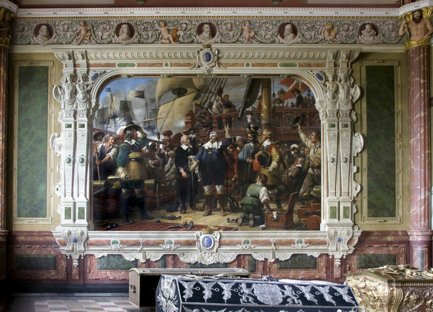 Christian 4.s gravkapel med Vilhelm Marstrands vægmaleri af kongen på dækket af skibet Trefoldigheden under slaget ved Kolberger Heide.