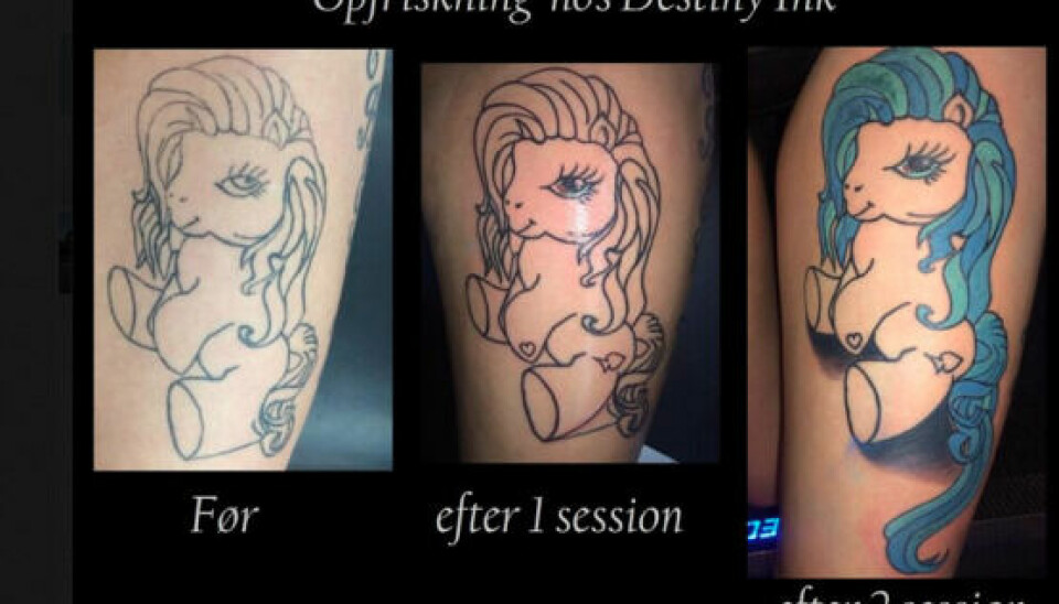 Rebeczas tattoo før og efter. Det sidste billede er, som tatoveringen ser ud nu, og som den unge mor er meget glad for. (Foto: Facebook/Destiny Ink)