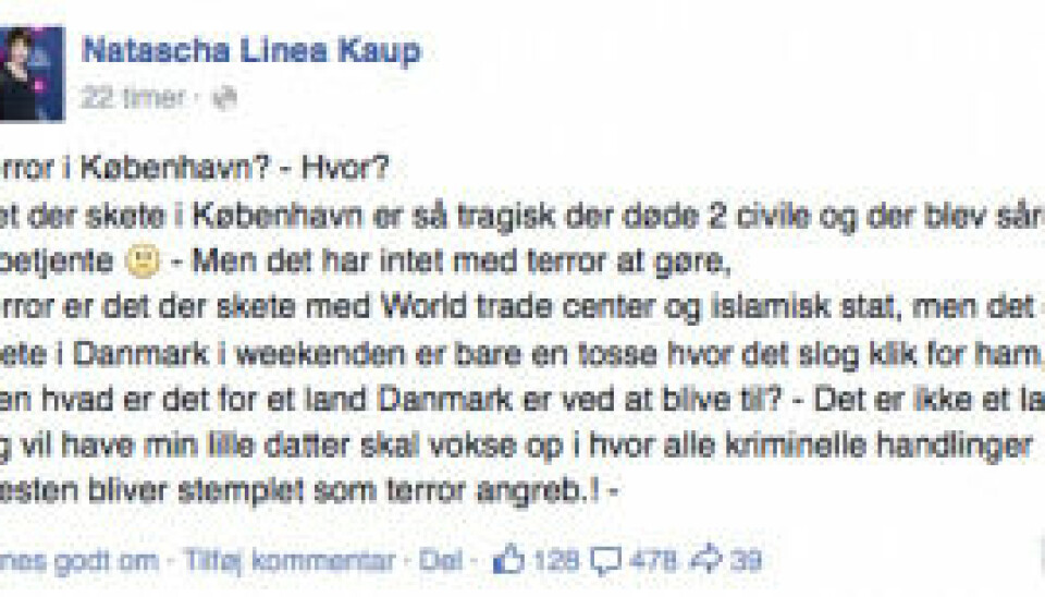 Natascha Lineas statusopdatering på facebook, hvor hun ytrer sin mening om terror-angrebet i København (Foto: Facebook)