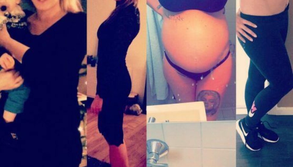 Vægten sagde 78 kilo på det første billede, mens Nadia er 18 kilo lettere på billede to. På billede tre er hun igen gravid og 30 kilo tungere, mens vægten er godt på vej ned igen på billede 4. (Foto: Privat)