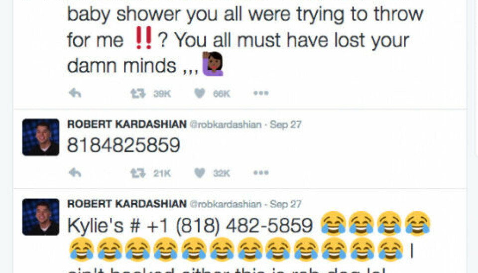 Rob Kardashian delte lillesøsterens telefonnummer med hele verden. (Foto. Twitter)