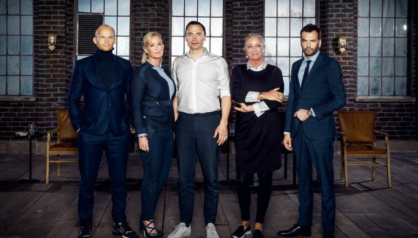 Fra venstre: Christian Stadil, Hummel, Birgit Aaby, Combi Service, Tommy Ahlers, ZYB, Ilse Jacobsen og Jesper Buch, Just Eat. (Foto: DR/Anders Birch)