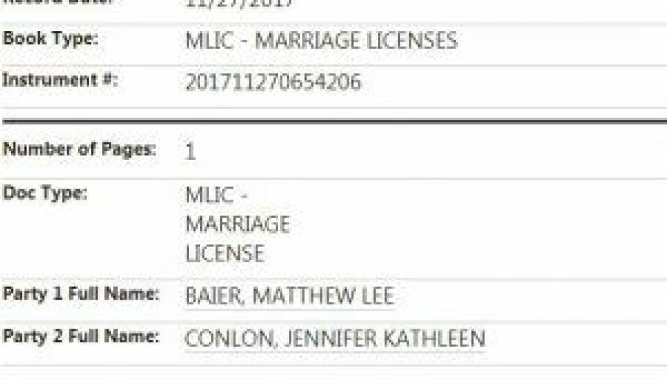 Offentlige dokumenter viser, at Matt Baier og Jennifer Conlon er blevet gift.