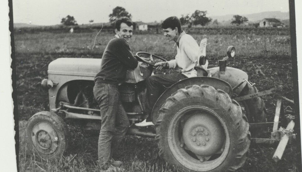 H.K.H. Prinsgemalen Henrik og Jean Baptiste på traktor i 1961 'Le Cayrou' (Foto: Egmont Historiske Arkiv)