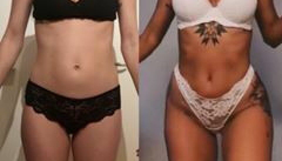 - Billedet til venstre er efter jeg havde født og aldrig trænet Billedet til højre er fra nu hvor jeg heller ikke rigtigt træner, men kiloene har sat sig lidt mere rundt omkring end bare på maven, fortæller Camilla. (Foto: privat)