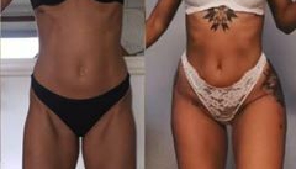 - Billedet til venstre er fra da jeg trænede og var meget utilfreds med min krop. Billedet til højre er fra nu, hvor jeg er glad for min krop, fortæller Camilla. (Foto: privat)