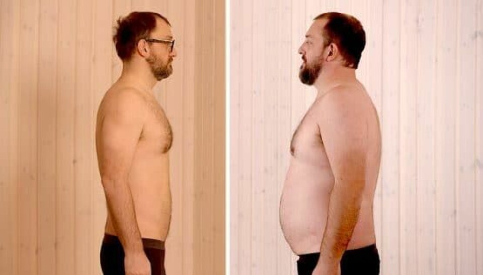 Magnus Sonne i dag og før, hvor han var 30,3 kg tungere (Foto: Mads Castillo/TV2 og Henrik Klock/TV2)